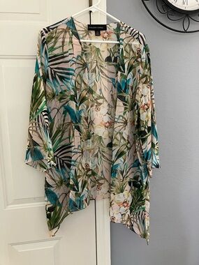 Colleen Lopez Teal, Green & Cream Tropical Floral Kimono Cardigan